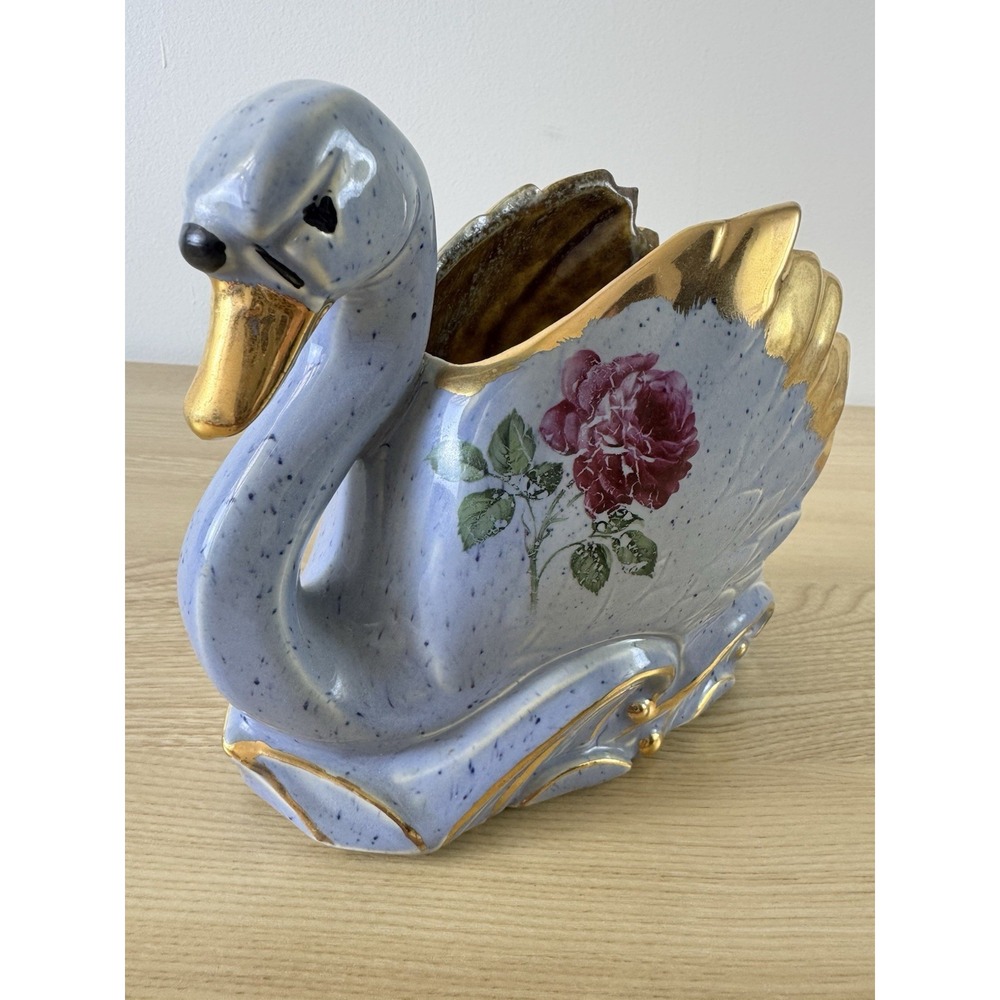 McCoy USA Swan Ceramic Vase Blue Speckled Gold Trim Rose Floral